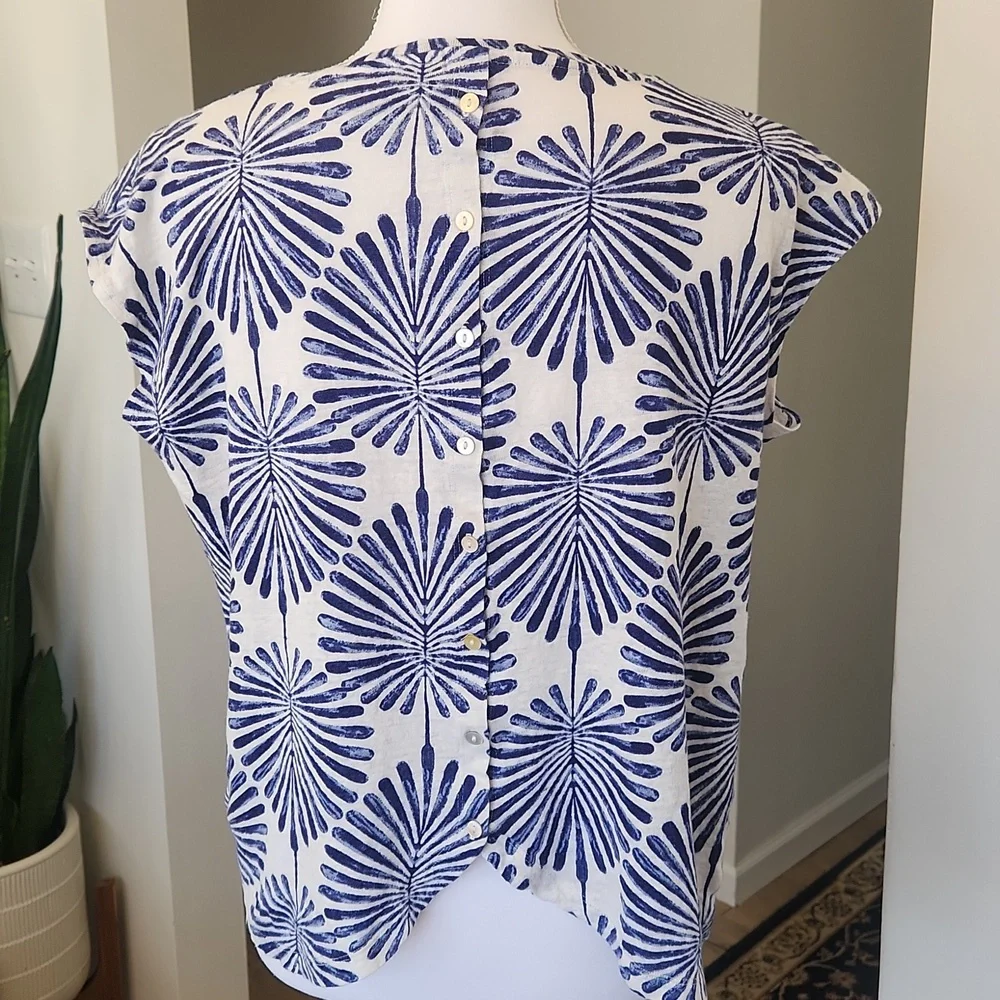 Joie 100% Linen Blouse Cap Sleeve Coastal White Blue L - Picture 4 of 16